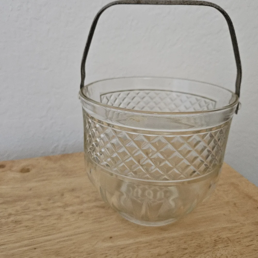 Vintage Glass Ice Bucket with Hammered Silver Handle